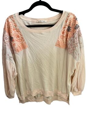 Free People Feelin It Boho Patchwork Eyelet T Shirt Size Medium Peach